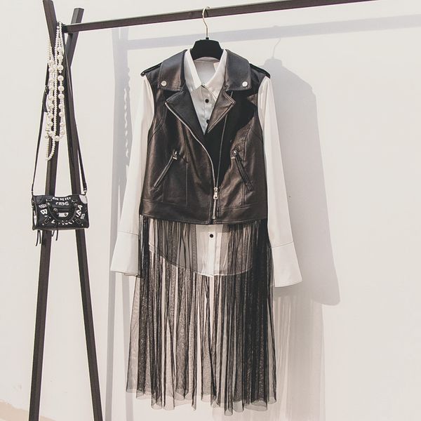 

женская осенняя кожаная жилет новая корейская мода pu сращенные сетки длинные тонкие рукавов мотоциклетный кожаный жилет пальто куртки студе, Black