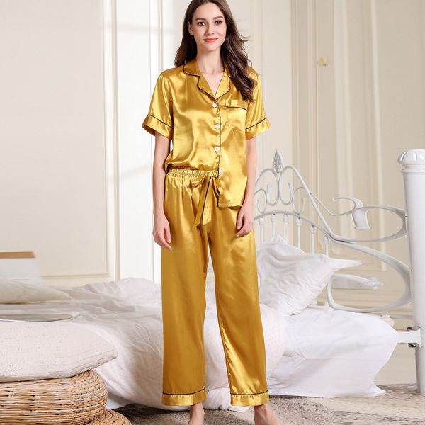 

autumn women pajamas sets with solid fashion luxury female faux silk two pieces shirts + pants nighties sleepwear pajamas @50, Black;red