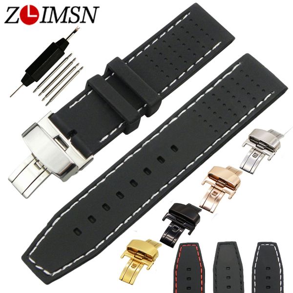 

zlimsn 22mm sport waterproof silicone rubber watchband butterfly buckle white red black stitched watch strap relojes hombre 2017, Black;brown