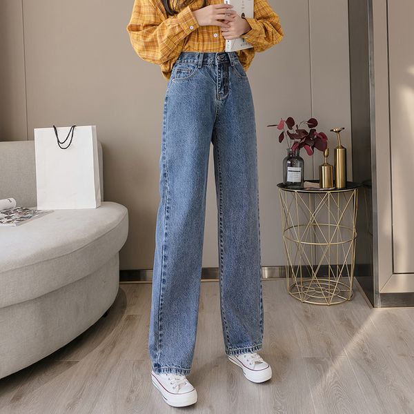 

высокая талия широкие прямые свободные джинсы для женщин s  l xl 2xl, Blue