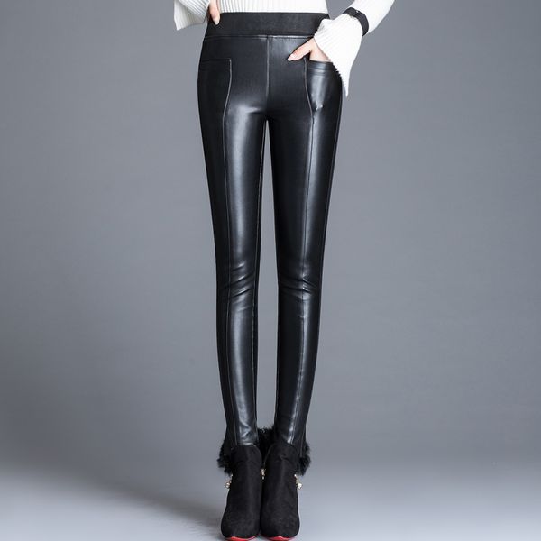 

new women pu leather pants high waist ladies warm elastic stretch faux leather pencil pants female black skinny long trousers, Black;white