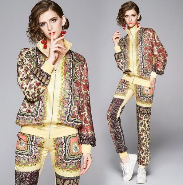 

autumn and winter new european and american fashion wild loose printing two-piece suit, White