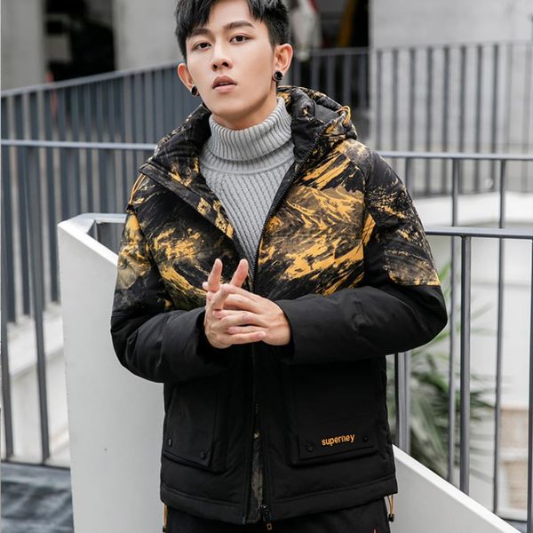 

men down jacket 2019 new fashion autumn winter male down coats waterproof warm zipper youth camouflage thick hooded outerwear, Black