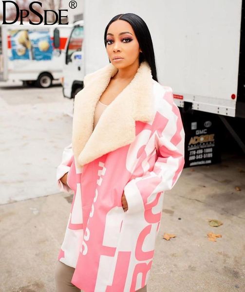 

dpsde pink letter warm women open stitch long coat full sleeve casual trend coat winter 2020 tuan dwon collar elegant outwear, Tan;black