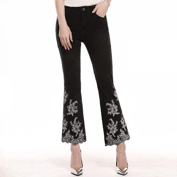 

ferzige brand 2019 sweet embroidery flare pants female streetwear elastic skinny high waist jeans women plus size 36 black pants, Blue