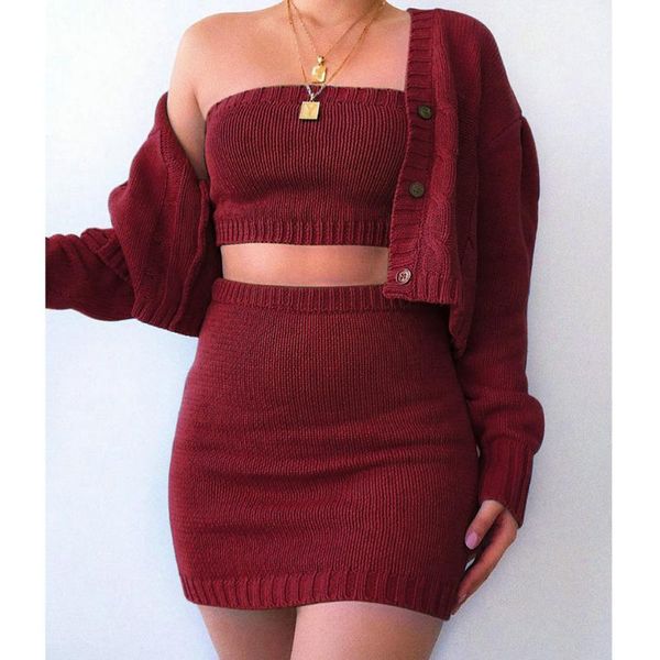 

3 piece set women set outfits suit fashion women's solid color knit suit dew navel casual three-piece#3, White