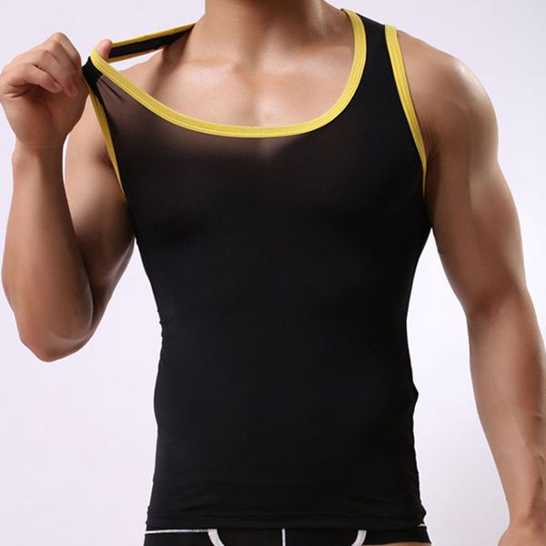 

mesh breathable sportswear men gym fitness sleeveless shirt summer running muscle sports tight vest racer back tee top, Black;blue