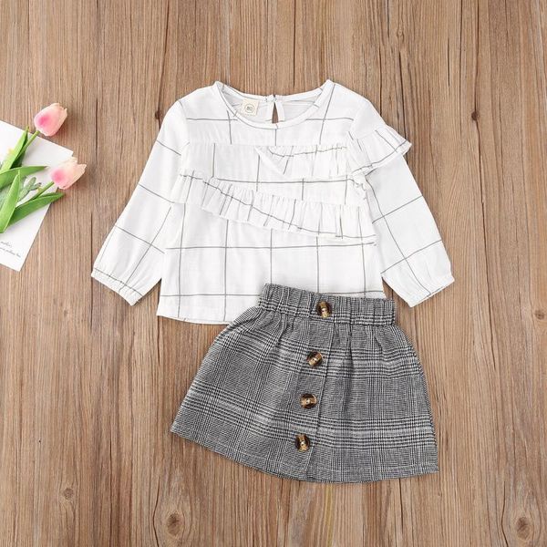 

clothing sets 2-7years 2pcs outfits set fall winter for toddler kids girls clothes plaid lantern sleeve +button skirts, White