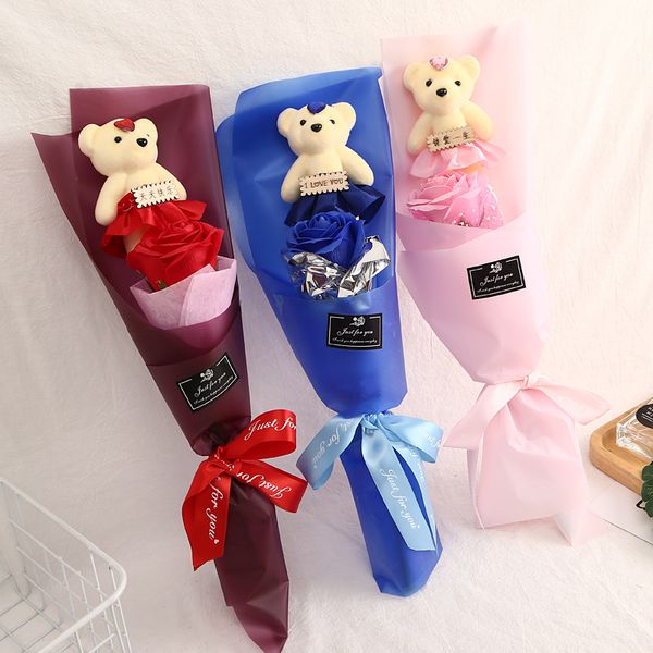 

5 layer big soap rose and mini bear set bouquet simulation soap flower single simple high-grade soap flower valentine's day gift