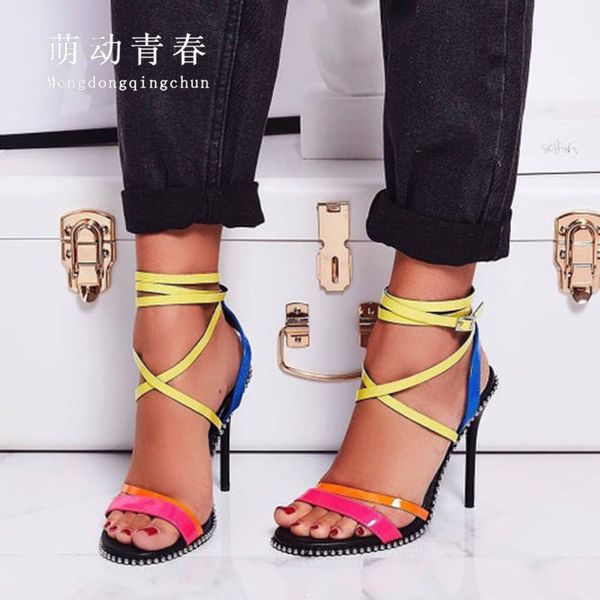 

заклепки женщины насосы сексуальная радуга цвет тонкий каблук женские сандалии шпильки открытый носок лодыжки ремень змея пряжка партии свад, Black