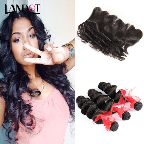 

Brazilian Peruvian Malaysian Indian Loose Wave Virgin Human Hair Weave 3 Bundles with Lace Frontal Closures Cuticle Aligned Remy Extensions