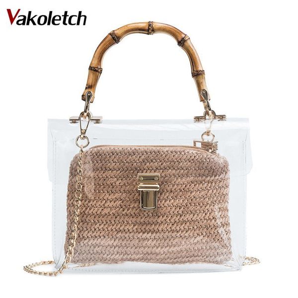 

2019 сумка с бамбуковой ручкой лето малый цепные crossbody сумки женские стро пляжные сумки прозрачный мешок для женщин kl477