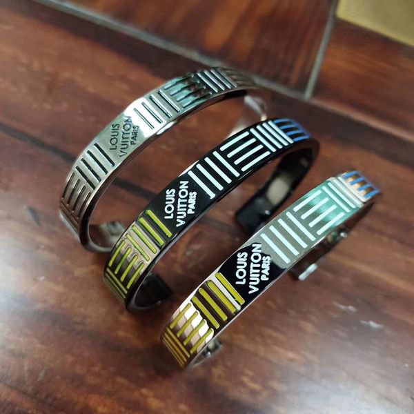 

new arrival l brand designer gold/silver cz enamel bangles stainless steel cubic zirconia cuff monogram letter bracelets, Black
