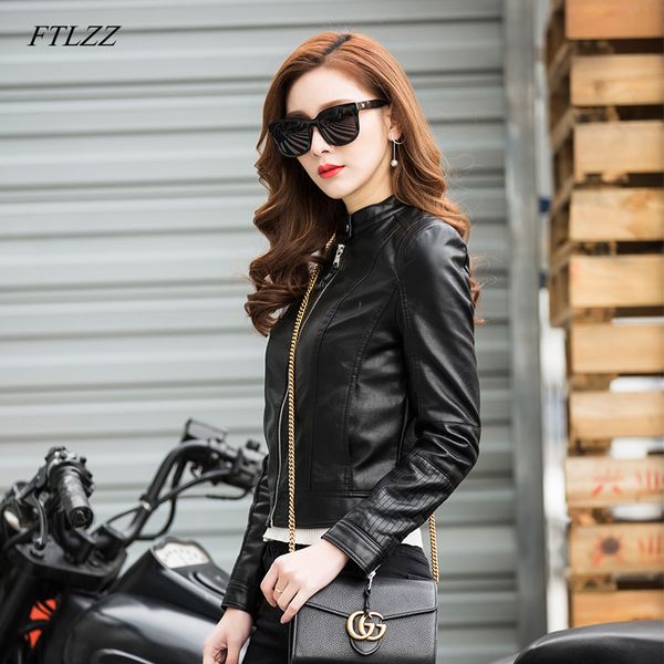 

ftlzz new autumn women pu leather jackets one button design motorcycle short jacket slim basic outwear bomber leather coat, Black