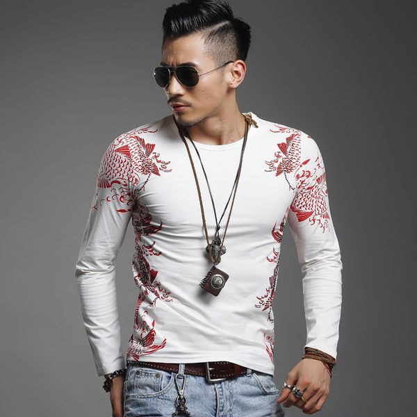 

autumn & winter chinese-style men long sleeve tight-fit printed t-shirt bronze slim fit lycra 220g/m2 3317, White;black