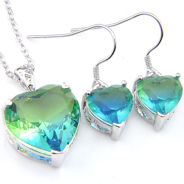 

wholesale luckyshine earring pendants sets bi colored tourmaline heart zircon silver women necklace earring wedding jewelry sets, Slivery;golden
