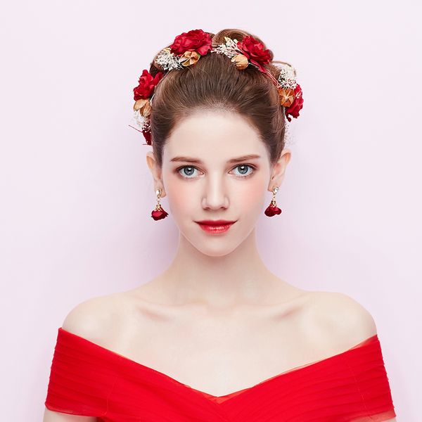

elegant bride headdress red head flower xianmei korean salute dress hair ornaments marriage jewelry banquet accessories, Golden;white
