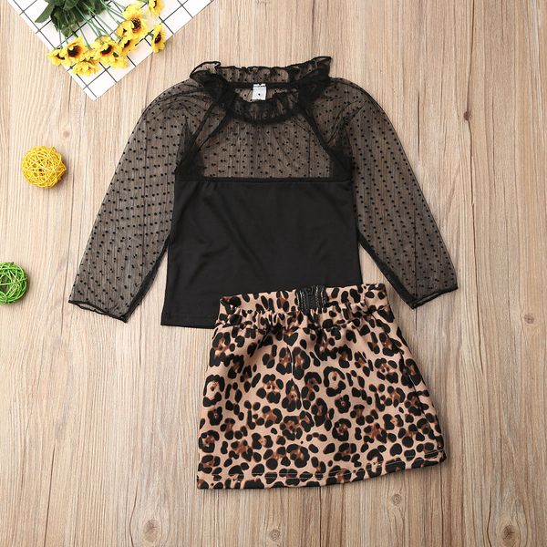 

1-6 лет малыши детских ребёнок одежды набор leopard printed оборки сетка кружево топы футболка + юбка костюмы наряды, White