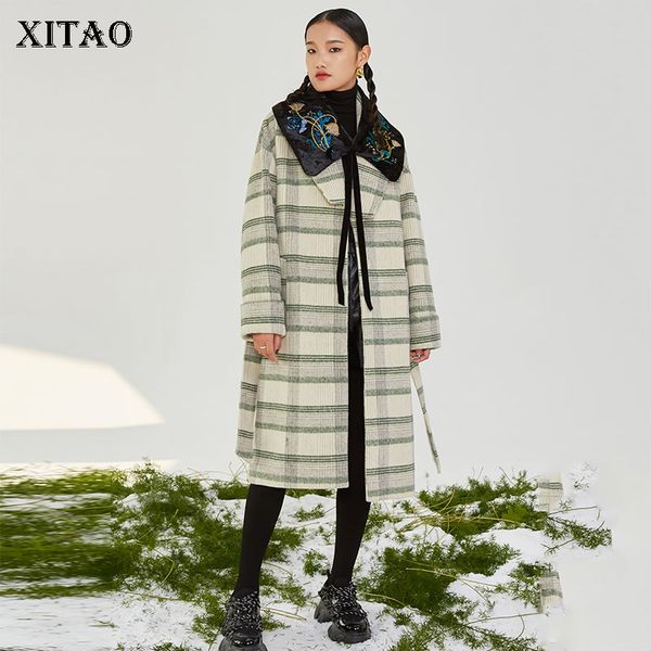 

xitao striped loose blends women fashion new 2019 winter full sleeve drawstring embroidery minority casual coat xj2763, Black