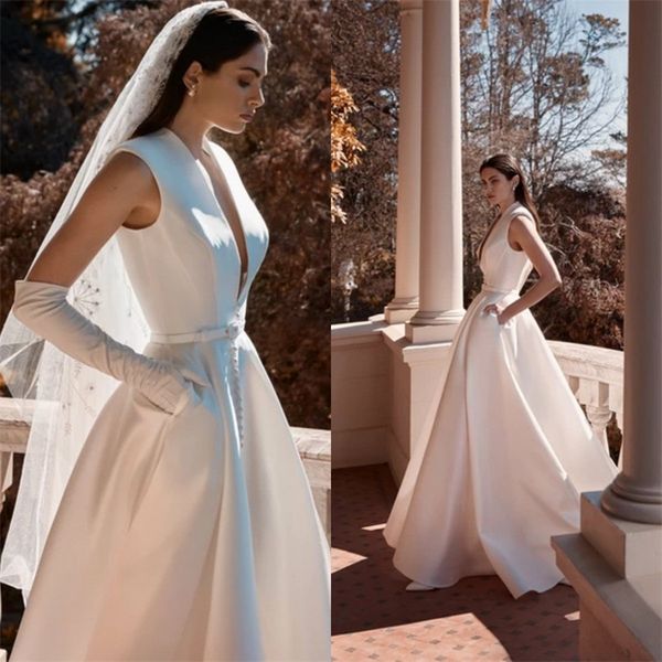 

vintage a line wedding dresses high v-neck sleeveless garden braidal dresses sash satin sweep train vestidos de novia, White