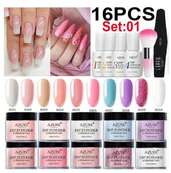 

16pcs/set gradient color nail glitter dipping nail art set base gel activator brush saver kits, Silver;gold
