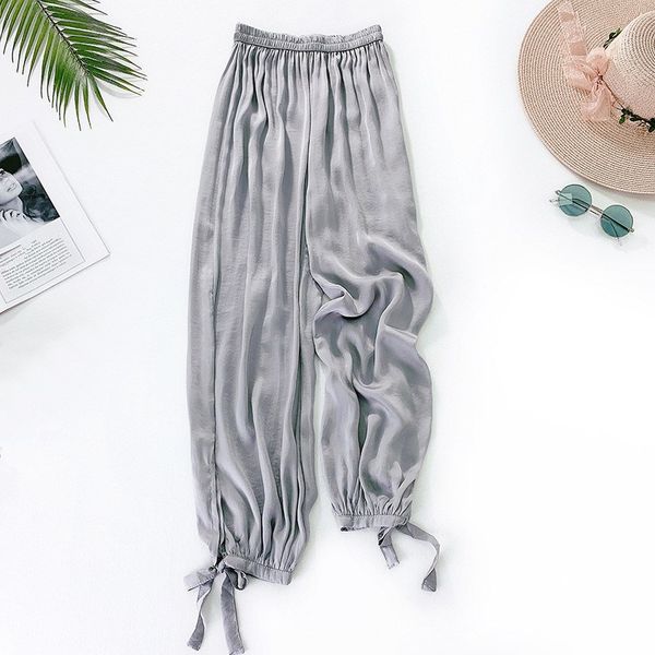 

women 2019 new solid ice silk loose harem pant summer fashion lace up high waist pants female casual trousers, Black;white