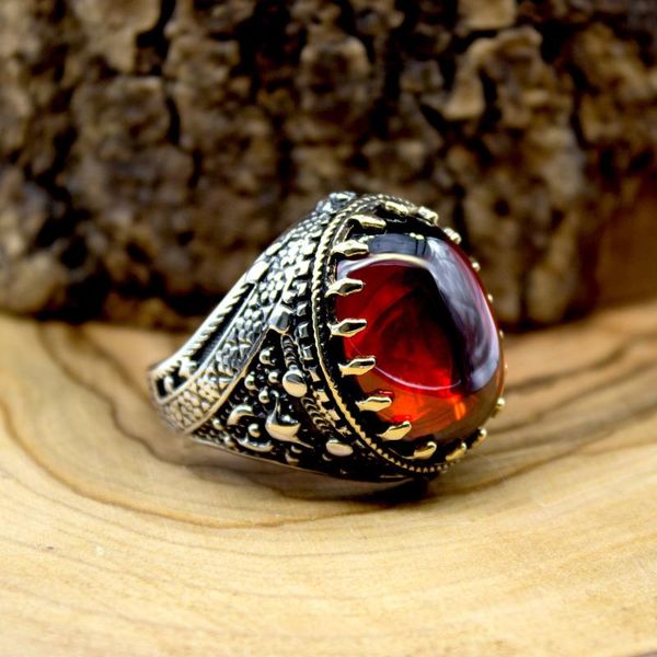 

925 silver ring for men with red zircon stone, Golden;silver