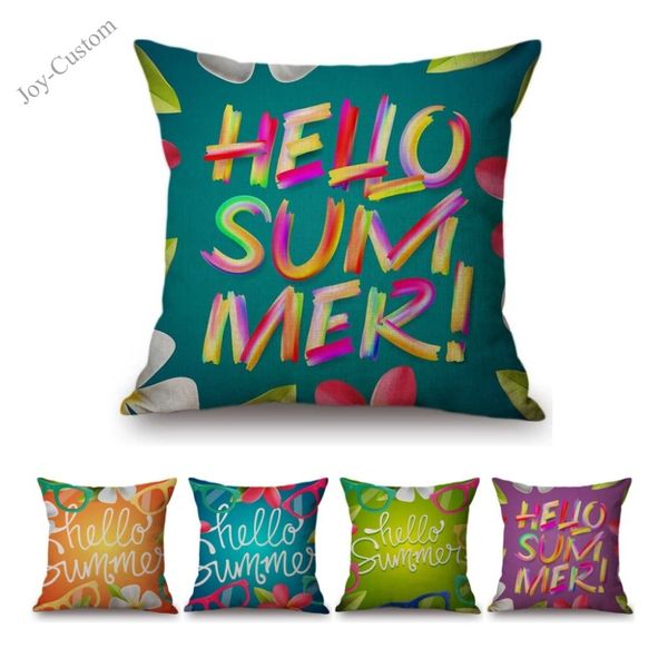 

hello summer watercolor letters print colorful home sofa throw pillow cover cotton linen bench chair office seat cushion covers