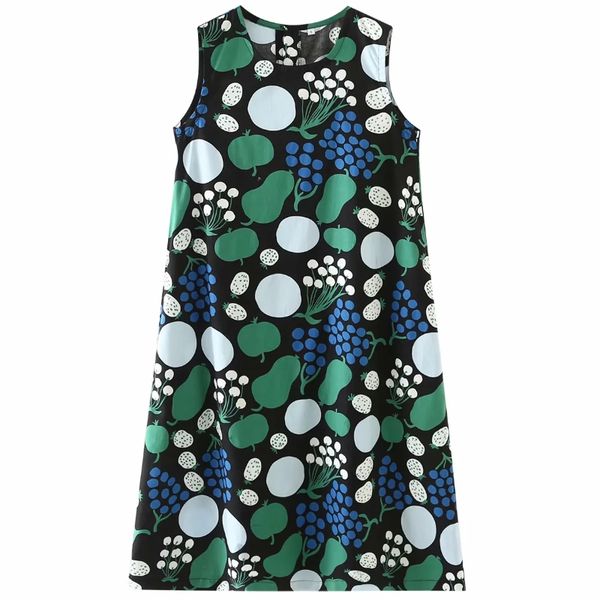 

new 2020 women fashion o neck sleeveless fruit printing casual loose dress female elegant vest vestido chic party dresses, Black;gray