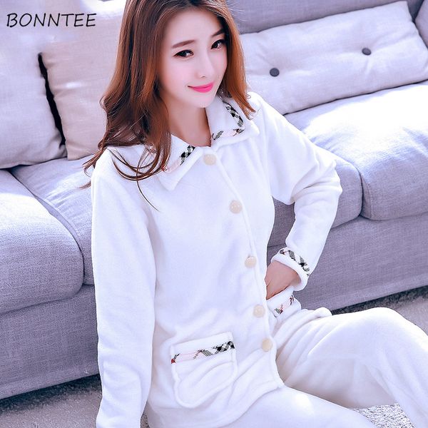 

pajama sets womens winter 2018 cute warm thicker long sleeve korean style womens pajamas turn-down collar daily home clothing, Blue;gray