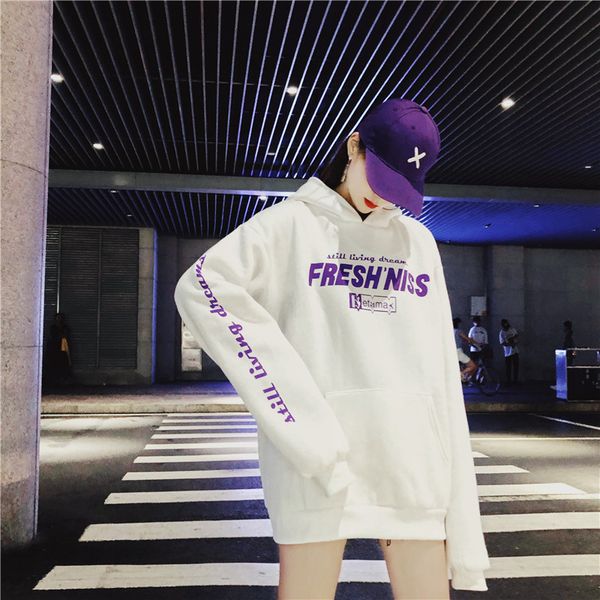 

2019 new fashion streetwear long sleeve hooded medium length sweater womens loose autumn printed sweatshirt, Black