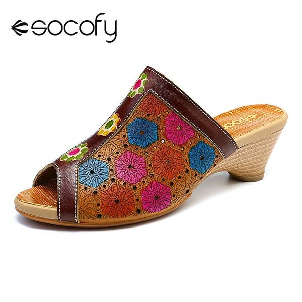 socofy ручная роспись сандалии ретро цветы hollow pattern из натуральной кожи строчка мягкие скольжения на сандалии элегантные летние туфли, Black