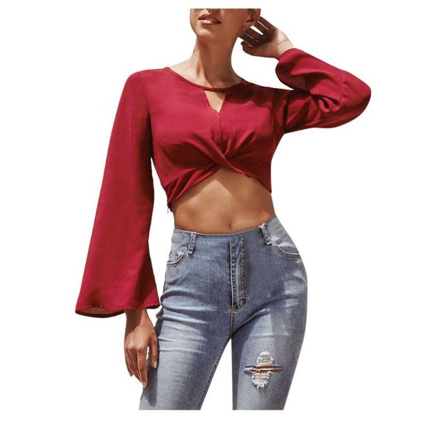 

blouse women's flared sleeves long-sleeved shirt short section exposed navel solid color 2020 new women's clothing #yl5, White
