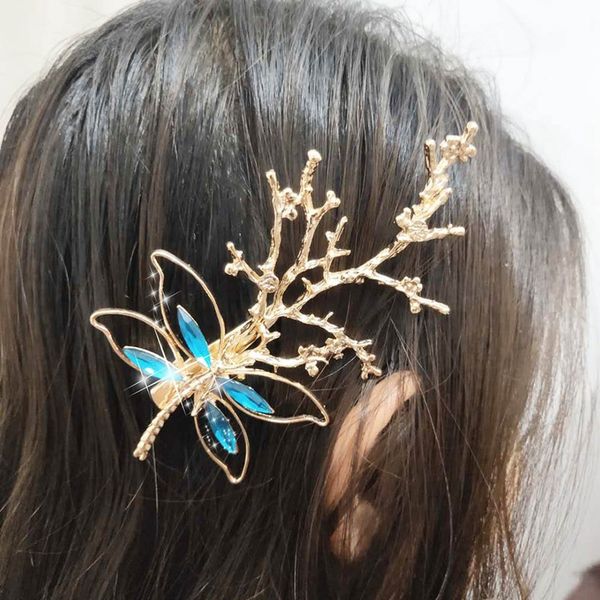 

vintage golden dragonfly hairpins hair clip rhinestone tree branches leaf hairpin for women hair accessories bridal headdress, Golden;white