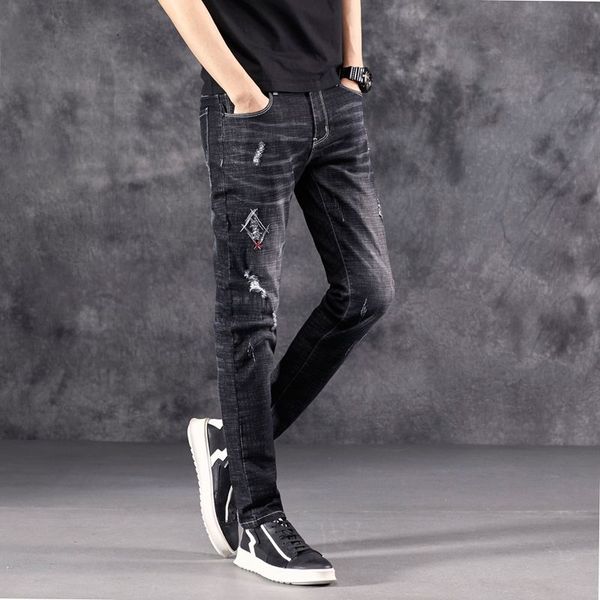 

men's jeans new brand design long pants slim straight casual solid denim jeans mid-waist pants male zipper distroy, Blue