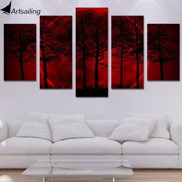 

wall art red sun halo posters and prints paintings on canvas 5 pieces forest trees hd printed painting home decor ny-2022