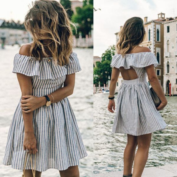 

fashion women summer short sleeve off shoulder slash neck backless ruffles striped mini dress casual party beach sundress, Black;gray
