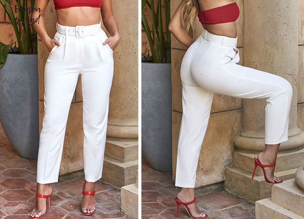

брюки sexy пряжка пояса белый pant вскользь женщины elegant высокой талией straight pant sash донные женский розовые штаны, Black;white