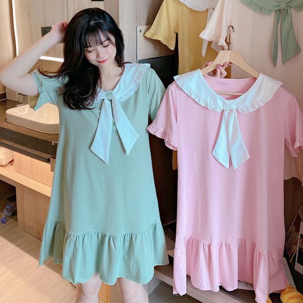 

doll collar princess nightdress women's summer cotton short-sleeved loose court medium-length dress casual sweet night dress, Black;red