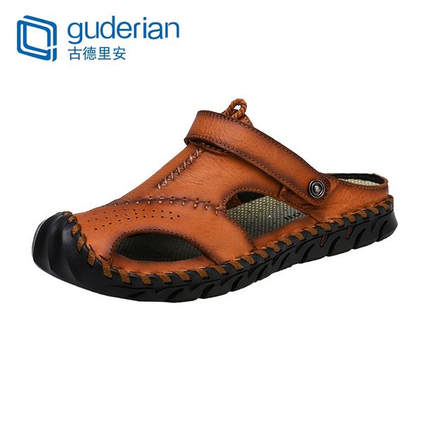

guderian mens sandals genuine leather summer men shoes fashion flip flops men leather beach shoes rubber sandals zuecos hombre, Black