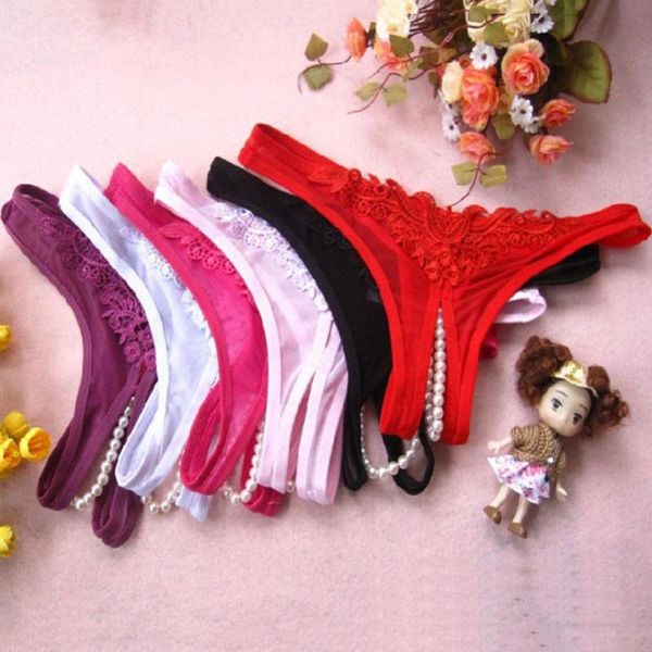 

lingerie lace women g-string bowknot low waist pearl thongs panties latex panties briefs lingerie erotic underwear, Black;pink