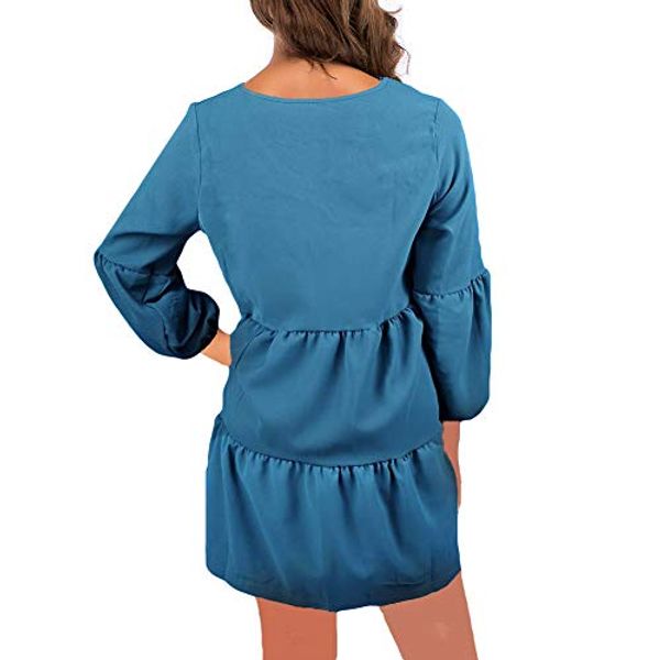 

haoan womens casual solid dress v neck puff long sleeve ruffle swing mini dress, Black;gray
