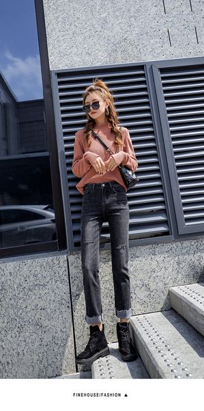 

light grey straight jeans women loose bf wind students fall black tassel han edition original sufeng hole long pants, Blue