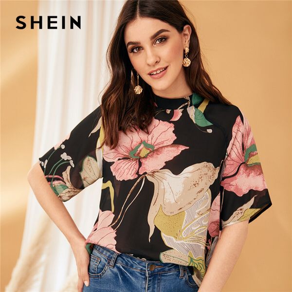 

shein multicolor stand collar botanical print blouse women summer half sleeve keyhole back casual workwear and blouses, White