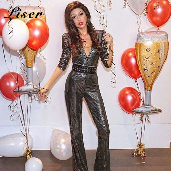 

liser 2019 new summer women jumpsuits v neck sequined bead jumpuits bodycon elegant evening party silver jumpsuit vestidos, Black;white