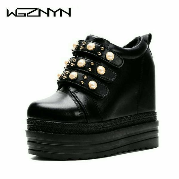 

new brand women high platform wedge sneakers solid hidden heel casual shoes woman 2019 autumn thick bottom female boots women w5, Black