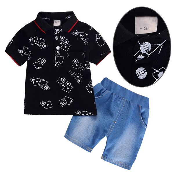 

boys leisure vacation clothing kids boy clothing set cotton flower shirt t-shit+ jeans pants children summer boys clothes 2pcs, White