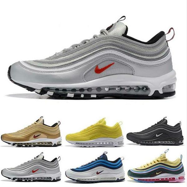 

bred air 97 men women running shoes sliver bullet evergreen sunburst undefeated olive triple black team red sports sneakers, White;red