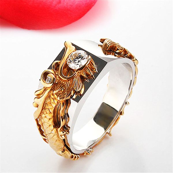 

gold color dragon jewelry rings fashion steel crystal ring males style zircon rings for man, Silver