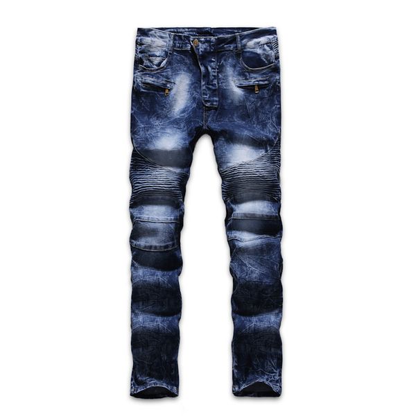 

men's foreign trade fashion pleats multi-craft blue jeans pants